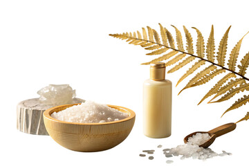 Spa treatment composition with sea salts a cream lotion fern frond and natural spa elements on...