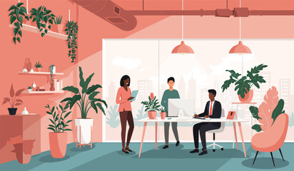 People work together in a coworking center. People communicate, work, exchange experience. Modern workplace. Vector illustration © rsvect02