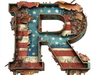large, rustic letter "R" adorned with the pattern of the American flag. The distressed texture gives it a vintage, patriotic feel.