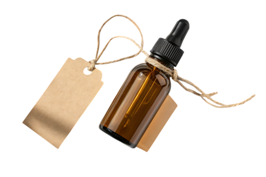 Amber glass bottle with dropper and kraft paper tag on a black background