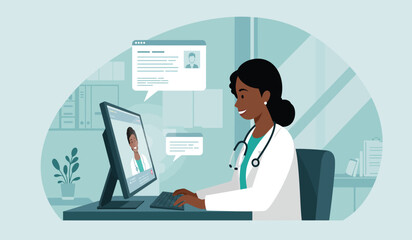 Doctor accessing digital health records on laptop flat design illustration isolated on white background