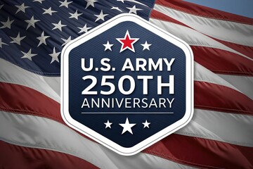 U.S. Army 250th Anniversary badge, patriotic emblem with American flag background, military celebration, illustration of national defense milestone, stars and stripes honor.