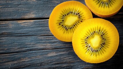 Close up of golden kiwi slices on a dark wooden surface with natural lighting and shallow depth of field