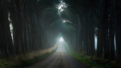Obraz premium Misty road lined with tall trees creating an enchanting tunnel of greenery and mystery
