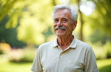 Happy senior man portrait. Cheerful elderly male with white hair and mustache smiles outdoors in a sunny garden park. Mature person retired, enjoying leisure in nature.