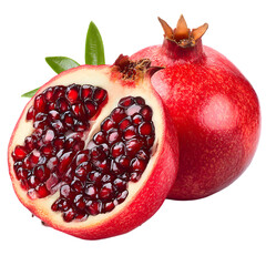 Juicy pomegranate seeds and fruit a vibrant red half open showing arils and whole fruit with green leaves isolated on transparent background