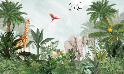 Lush Safari Wall Mural: Exotic Elephant, Giraffe in Green Tropical Landscape © csinie1