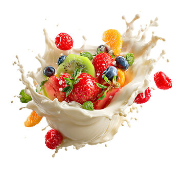 Playful Tutti Frutti Milk Splash with Vivid Motion