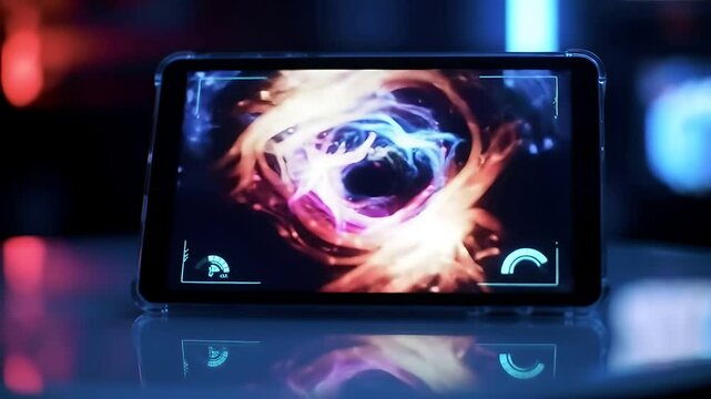 Futuristic Transparent Tablet Displays Neon Holograms on a Glass Tabletop&mdash;A Portable Device Projecting Cyberpunk Visuals in a Modern, High-Tech Setting.