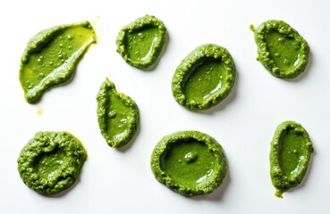 Pesto sauce blobs isolated on white background. Green sauce texture. Food ingredient for italian pasta. Close up culinary shot. Fresh herbs, oil, basil. Perfect for food blogs or cooking websites.