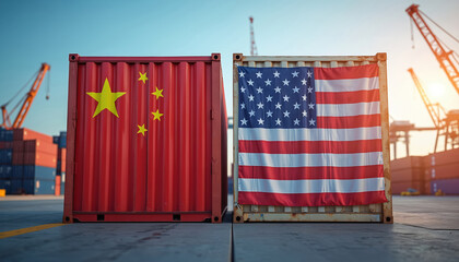 Cargo containers with USA China flags, global trade, import export concepts. Logistics, shipping, international business at port with cranes, container ship. Global commerce, transport industry.