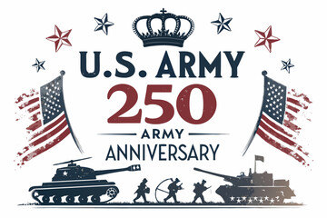 U.S. Army 250th anniversary tribute, crown, stars, American flags, tanks, soldier silhouettes, patriotic celebration, military heritage, vector art of armed forces milestone.