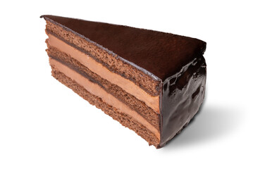 Sacher torte cake, slice of chocolate cake isolated