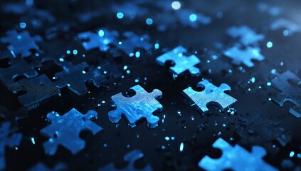 Solving the digital puzzle Connecting the fragmented pieces in a tech driven world with blue tones and shallow