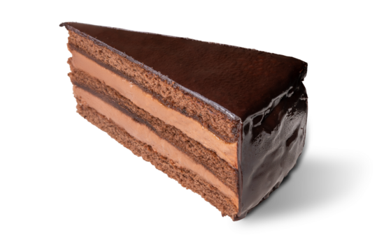 Sacher torte cake, slice of chocolate cake isolated