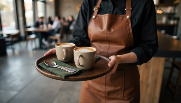 Female barista wearing apron carrying tray with cup of latte art cappuccino. Professional waitress serving customer in cafe on sunny morning. Woman working in coffee shop.