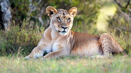 Fototapeta premium A majestic lioness rests in the African savanna, sunlight illuminating her fur.
