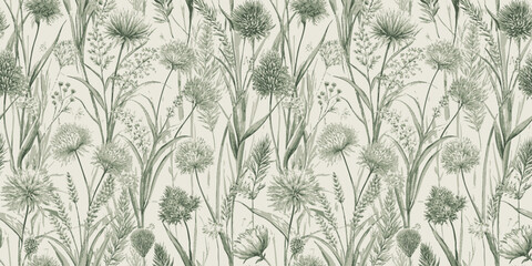 Elegant botanical pattern featuring green grasses and flowers on a soft cream background.