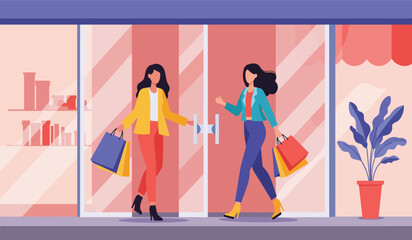 Girl shopping in mall, 618 mid year event promotion background, vector illustration