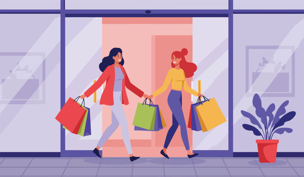 Girl shopping in mall, 618 mid year event promotion background, vector illustration