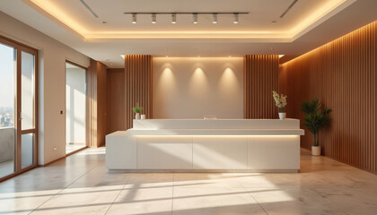 Modern clinic interior design with warm colors, wood accents. High-end hotel feeling with calming atmosphere. Workplace, reception desk, waiting area for patients. Stylish, comfortable, contemporary