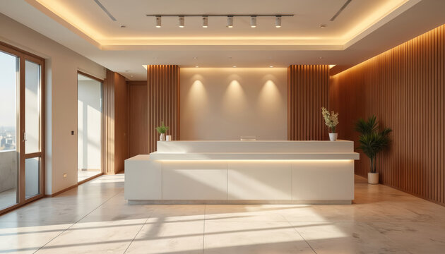 Modern clinic interior design with warm colors, wood accents. High-end hotel feeling with calming atmosphere. Workplace, reception desk, waiting area for patients. Stylish, comfortable, contemporary