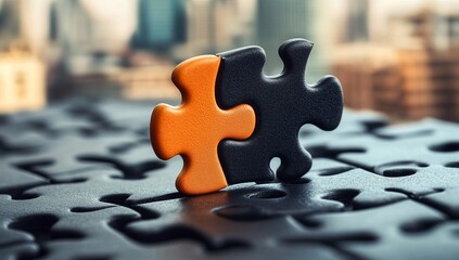 A black and orange puzzle piece fitting into the right spot on top of three other pieces, symbolizing connection or harmony with a blurred cityscape background.