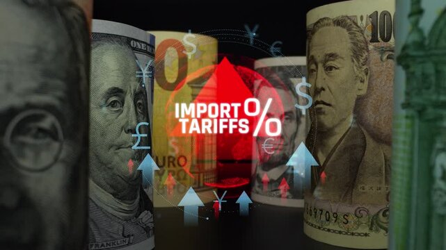 Impact of Import Tariffs on Global Currency Exchange with Symbolic Representation of Major Currencies and Financial Implications. Consignment.