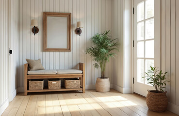Warm, welcoming entryway interior. Wooden bench with woven baskets, mirror, decorative wall lamps. Plants in pots. Bright natural light. Home decor, modern interior design concept for real estate,