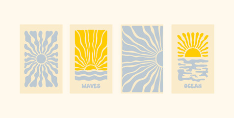 Vetrical poster with sun. Retro sunburst rays. Summer groovy posters set.