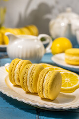 Delicious lemon macarons resting on elegant plate with fresh fruit slices