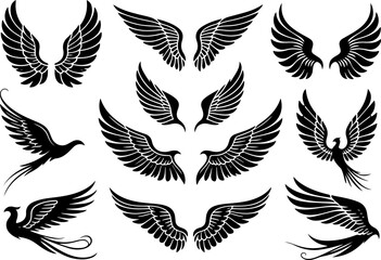 Wing vectors featuring diverse designs from bird and eagle to tribal and angel silhouettes, perfect for tattoo art or symbolic illustrations