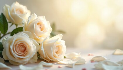 Elegant roses with soft petals in gentle light. Delicate petals, floral details create romantic mood. Ideal for design, wedding invitation, celebration. Soft blurred background with copy space for