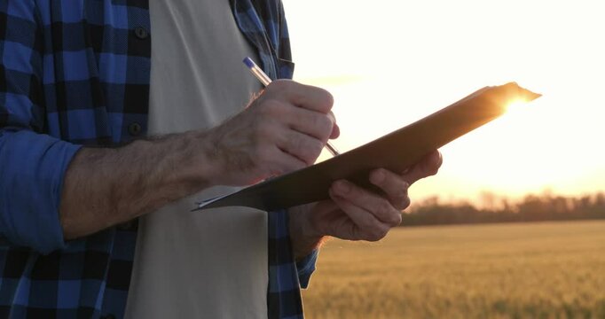 man farmer writing notes in notebook against golden wheat field background. Close up of farmer holding notebook and pen documenting wheat growth. Agriculture, crop planning and farm management concept