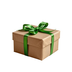Obraz premium Elegant Brown Gift Box with Green Satin Ribbon Bow on Isolated White Background for Festive Celebrations