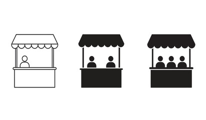 Booth or stand icon set with exhibitor. Sales booth icon set isolated on white background.