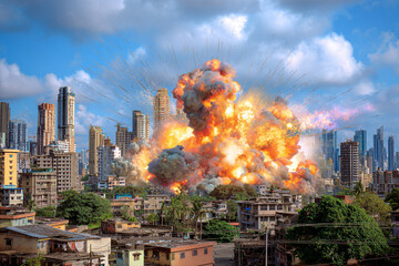Massive explosion rocks urban area, sending debris into the skyline during daylight hours