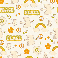 Peace dove. Retro groovy hippie style. Pacifism and freedom. Peace to the world