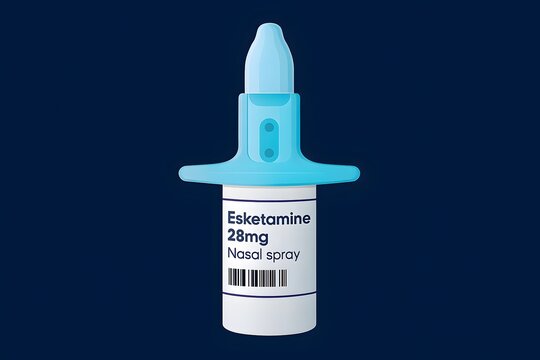 Realistic illustration of an Esketamine 28mg nasal spray device with modern labeling and barcode, shown on a clinical blue background. Ideal for medical and pharmaceutical use.