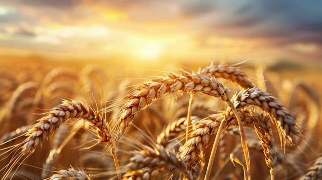 Golden wheat sheaf glowing in the warm sunset over a peaceful rural field landscape