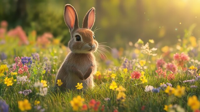 Adorable brown bunny rabbit sitting amidst a vibrant wildflower meadow bathed in warm sunlight.