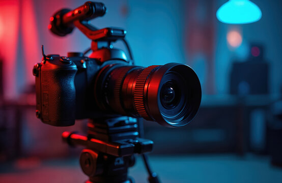 Camera rig close-up with colorful lighting. Pro photo video equipment on tripod. Dynamic lighting creates creative atmosphere. Modern digital camera, lens captures intricate details, precision,