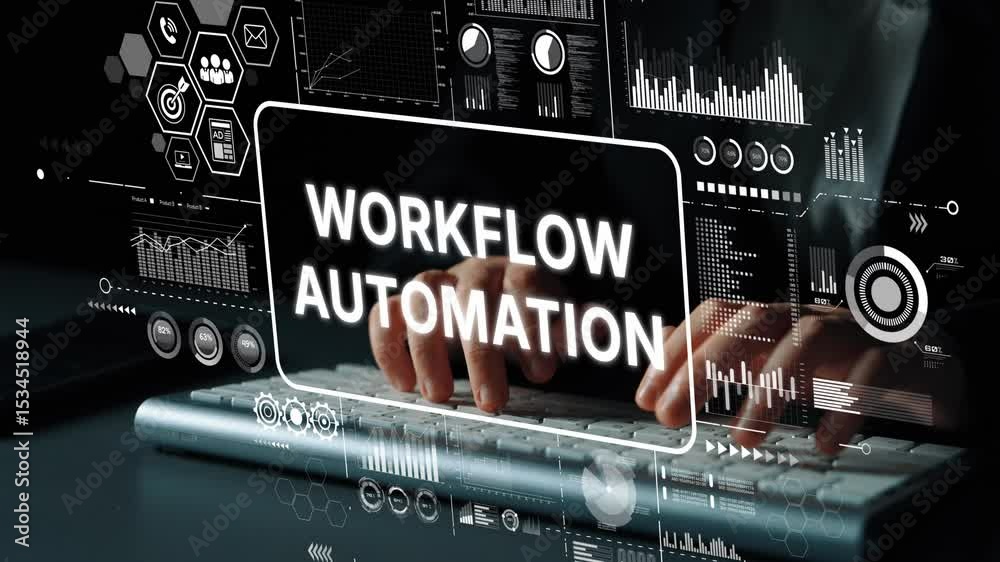 Poster hands typing on keyboard with workflow automation concept displayed as visual data analysis graphic 