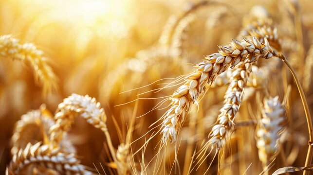 Golden wheat sheaf illuminated by sunset light over a tranquil rural field landscape