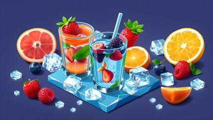 Refreshing summer beverages featuring berries citrus fruits and ice cubes on a blue surface