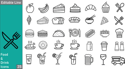 35 Monoline Food & Drink Icons – Clean Line Art for Culinary & Beverage UI, Menus & Infographics