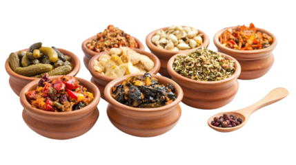 Assorted Indian pickles in ceramic bowls with spoon beside isolated on white background 