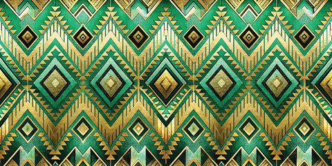 Vibrant green and gold geometric pattern with intricate diamond shapes.
