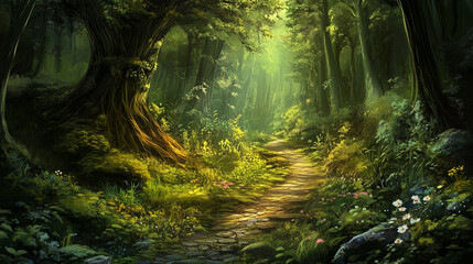 Green forest environment. Beautiful Forest