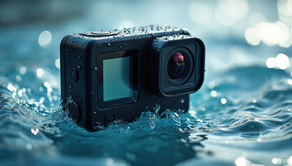 Black camera submerged water. Camera lens, digital screen, buttons visible. Drops of water on surface, waves, blue bokeh background. Underwater photo or video tech equipment for extreme sports.